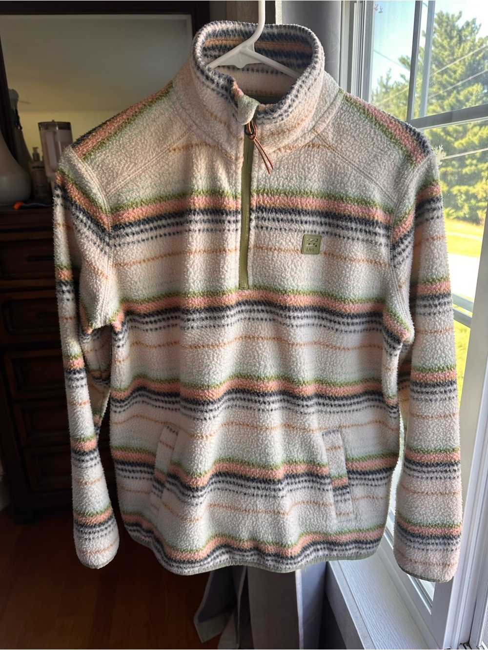 Billabong Cream Sherpa Half-Zip with Green, Pink & Gray Stripes